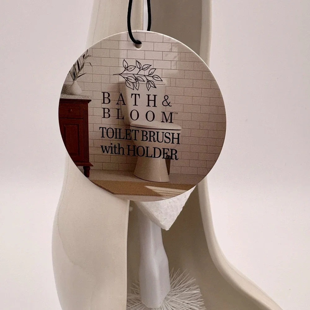 Bath & Bloom White Ceramic Long Neck Cat Toilet Brush Holder Pink Tail 17 Inch